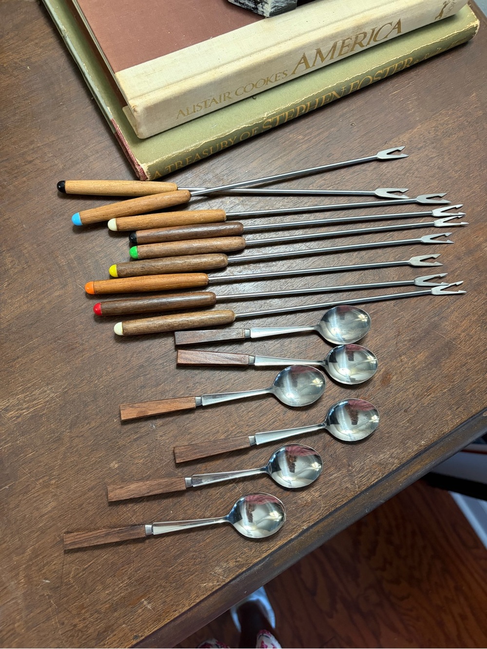 Vintage Wood-Handle Fondue Fork and Spoon Set Mid-Century Modern entertaining